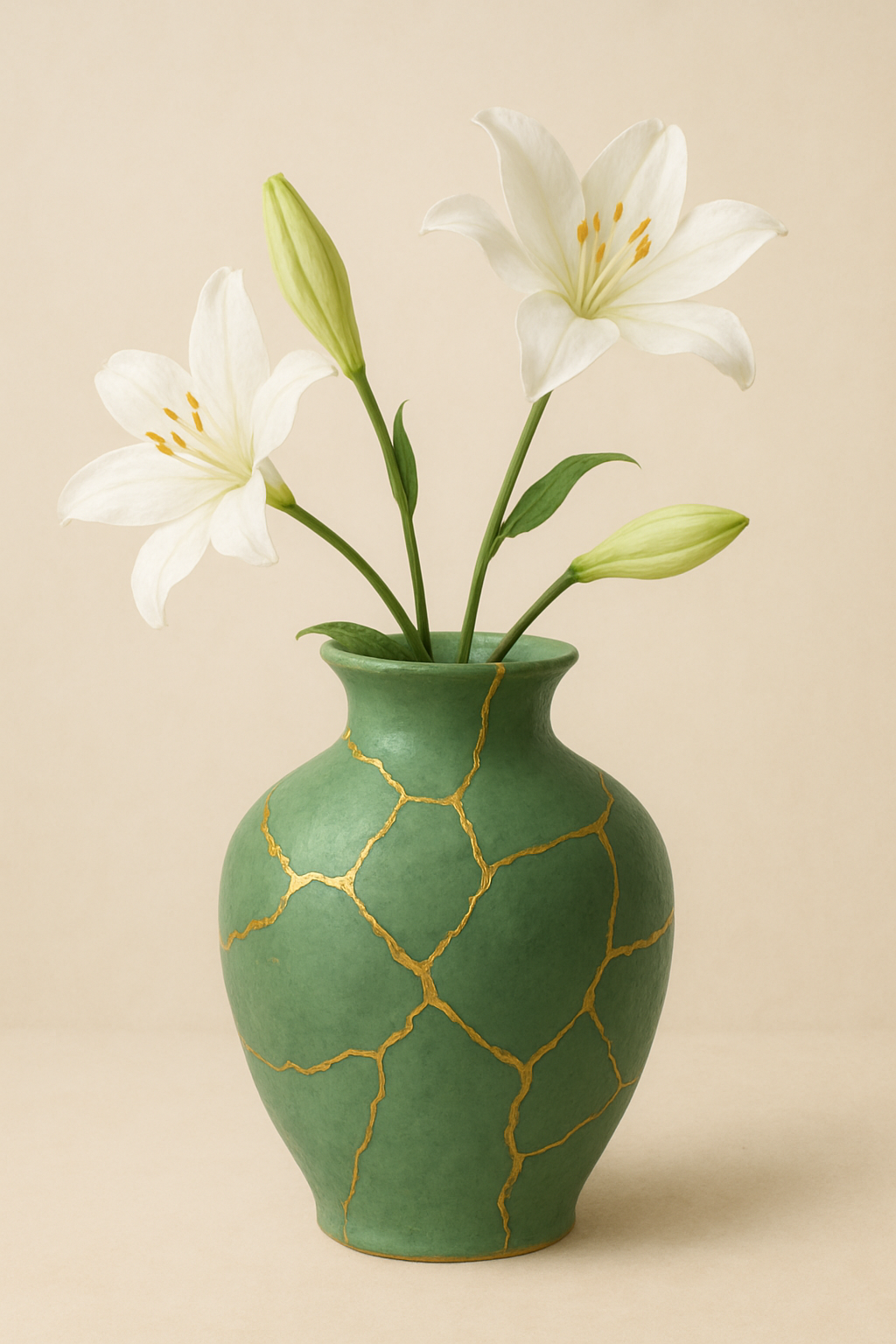 Green ceramic vase repaired with gold kintsugi seams, holding white lilies